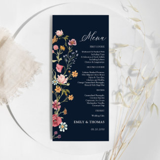 Marineblauw Wildbloemen Bruiloft Menu