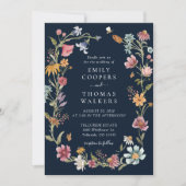 Marineblauw Wildbloemen bruiloft uitnodiging (Voorkant)