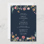 Marineblauw Wildbloemen bruiloft uitnodiging (Voorkant)