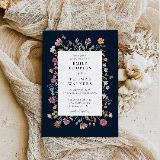 Marineblauw Wildbloemen bruiloft uitnodiging