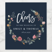 Marineblauw Wildbloemen Bruiloft Wijn Label Wijn Etiket (Enkel label)