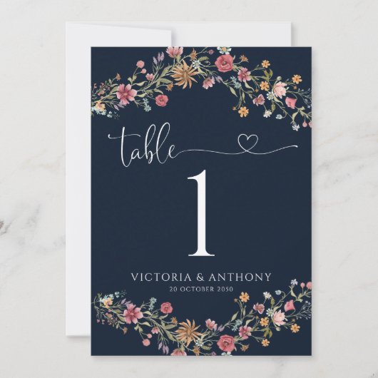 Marineblauw Wildbloemen Trouwtafel Nummers (Voorkant)