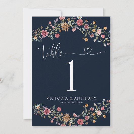 Marineblauw Wildbloemen Trouwtafel Nummers (Achterkant)