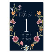 Marineblauw Wildbloemen Trouwtafel Nummers Kaart (Voorkant)