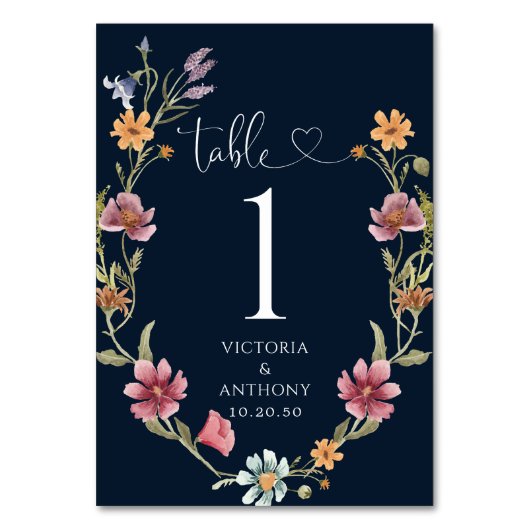 Marineblauw Wildbloemen Trouwtafel Nummers Kaart (Voorkant)