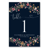 Marineblauw Wildbloemen Trouwtafel Nummers Kaart (Voorkant)