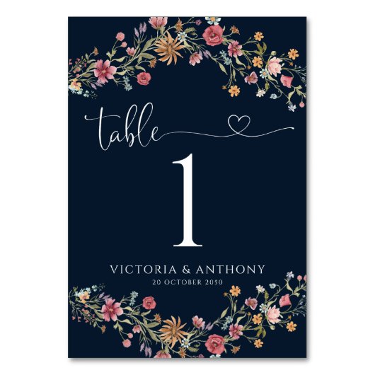 Marineblauw Wildbloemen Trouwtafel Nummers Kaart (Voorkant)