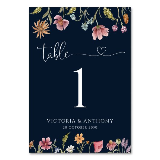 Marineblauw Wildbloemen Trouwtafel Nummers Kaart (Achterkant)