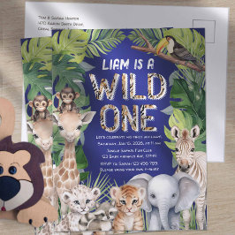 Marineblauw Wilde, Oerwouden 1e verjaardag Uitnodiging Briefkaart