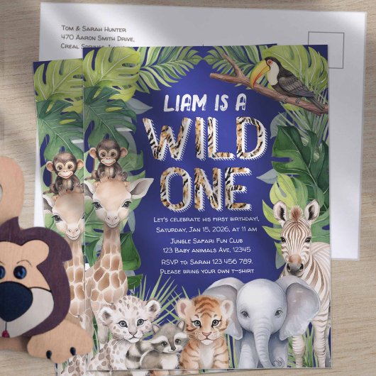 Marineblauw Wilde, Oerwouden 1e verjaardag Uitnodiging Briefkaart