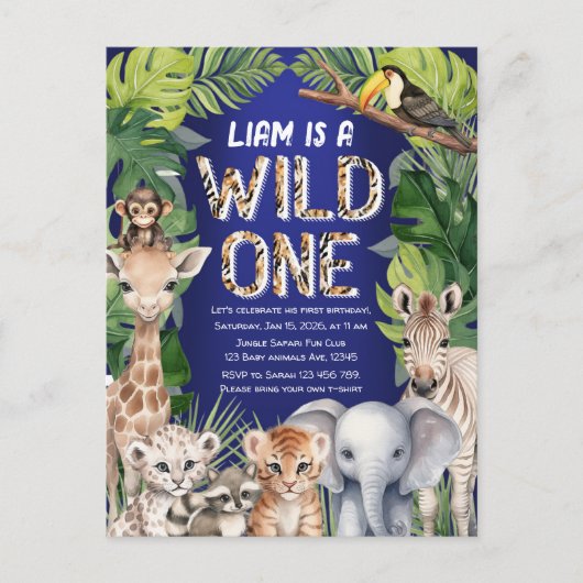 Marineblauw Wilde, Oerwouden 1e verjaardag Uitnodiging Briefkaart (Voorkant)