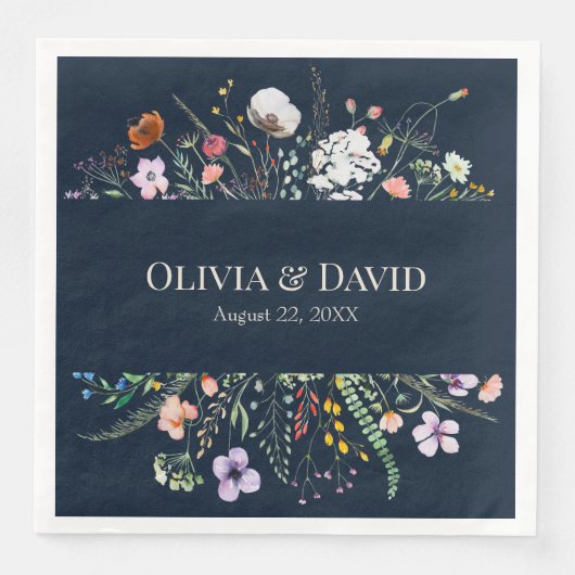 Marineblauw Wildflower Meadow Bruiloft Servetten (Voorkant)