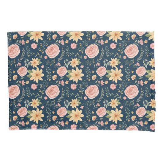 Marineblauw Wildflower Roos Kussensloop (Voorkant)