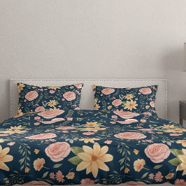 Marineblauw  Wildflower Roos Kussensloop