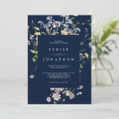 Marineblauw Wildflower Tuin Details Bruiloft Kaart (Staand voorkant)