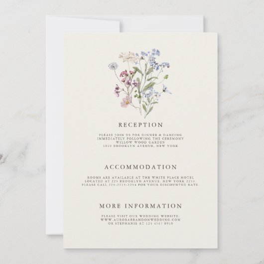 Marineblauw Wildflower Tuin Details Bruiloft Kaart (Achterkant)