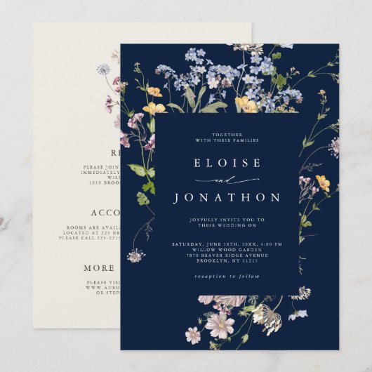 Marineblauw Wildflower Tuin Details Bruiloft Kaart (Voorkant / Achterkant)