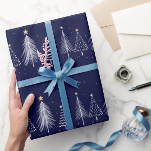 Marineblauw Winter Kerst Pijnbomen Patroon Cadeaupapier