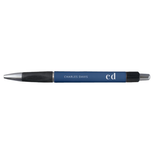 Marineblauw wit aangepast monogram naam minimalist pen (Voorkant)