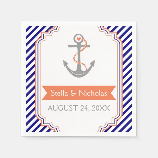 Marineblauw, wit anker koraal nautisch huwelijk servetten (Voorkant)