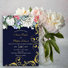 Marineblauw Wit Blauw Roze Gouden Krullen Bloemmot Kaart