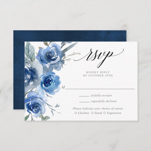 Marineblauw wit bloemenbruiloft waterverf RSVP Informatiekaartje (Voorkant / Achterkant)
