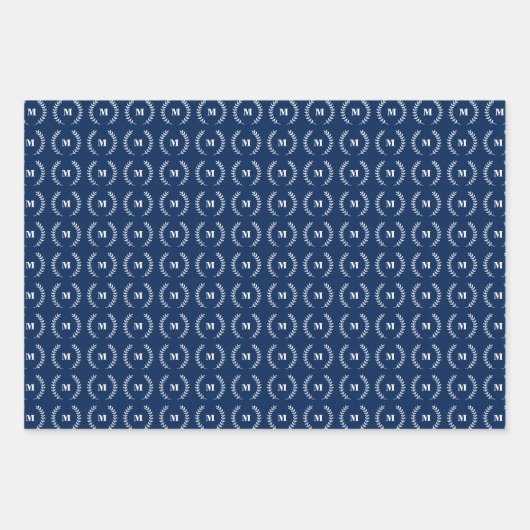 Marineblauw Wit Dunne Strepen Initiaal Monogram Inpakpapier Vel (Voorkant)