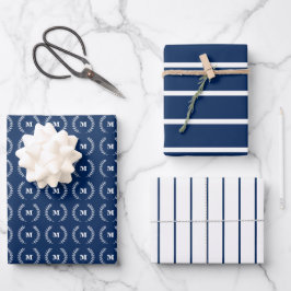 Marineblauw Wit Dunne Strepen Initiaal Monogram Inpakpapier Vel