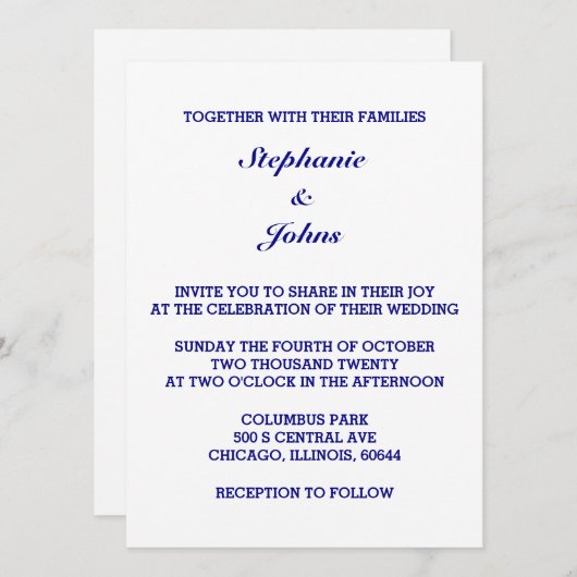 Marineblauw Wit Elegant Eenvoudig Minimaal Bruilof Kaart (Voorkant / Achterkant)