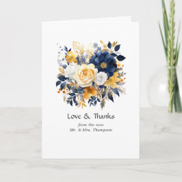 Marineblauw, Wit, en Gouden Bloemen Bruiloft Bedankkaart