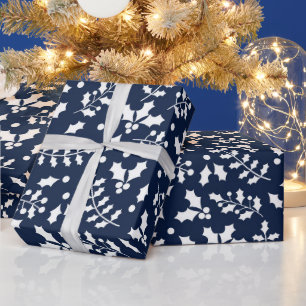 Marineblauw & Wit Festief Kerst Holly Patroon Cadeaupapier