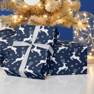 Marineblauw & Wit Festief Kerst Rendier Patroon Cadeaupapier