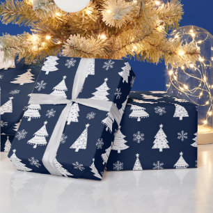 Marineblauw & Wit Festief Kerstboompatroon Cadeaupapier