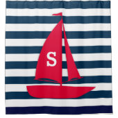 Marineblauw Wit Gestreept Monogram Rode Boot Nauti Douchegordijn (Voorkant)