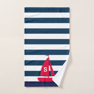 Marineblauw Wit Gestreept Monogram Rode Boot Nauti Handdoek