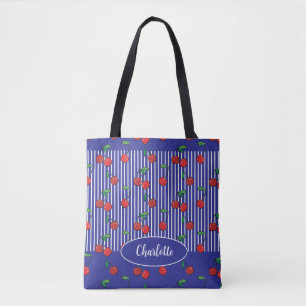 Marineblauw wit gestreepte zoete kers naam Tote Bag
