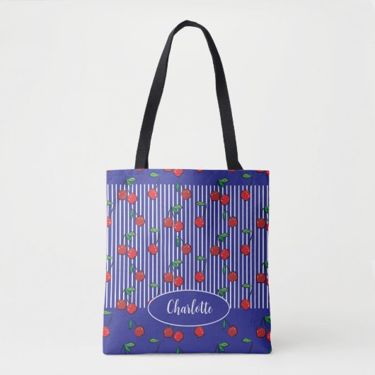 Marineblauw wit gestreepte zoete kers naam Tote Bag (Voorkant)