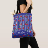 Marineblauw wit gestreepte zoete kers naam Tote Bag (Dichtbij)
