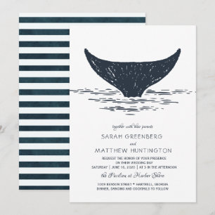 Marineblauw & Wit Huwen Invitatiekaart met Walvi Kaart