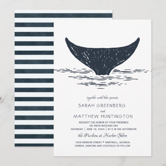 Marineblauw & Wit | Huwen Invitatiekaart met Walvi Kaart (Voorkant / Achterkant)