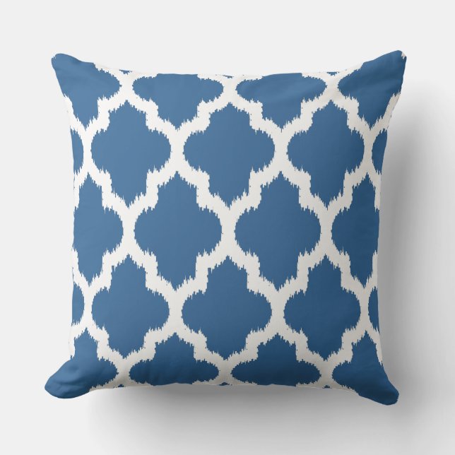 Marineblauw & Wit Ikat Quatrefoil Patroon Kussen (Voorkant)