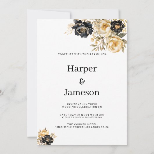 Marineblauw wit ivoor goud pioen bloemenbruiloft kaart (Voorkant)