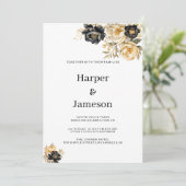 Marineblauw wit ivoor goud pioen bloemenbruiloft kaart (Staand voorkant)