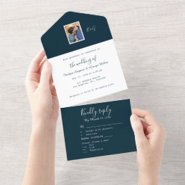 marineblauw wit kustpaar foto monogram all in one uitnodiging