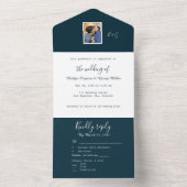 marineblauw wit kustpaar foto monogram all in one uitnodiging (Binnen)