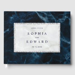 Marineblauw Wit Marmer Bruiloft Gastenboek
