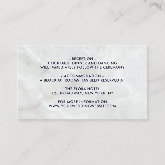 Marineblauw wit marmer bruiloft Meer info Informatiekaartje (Achterkant)