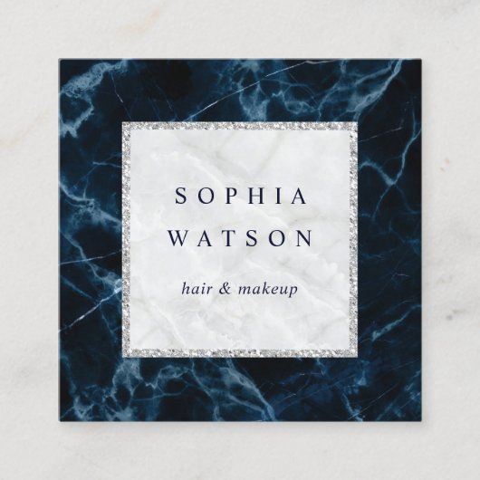 Marineblauw wit marmer vierkante visitekaartje (Voorkant)