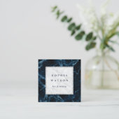 Marineblauw wit marmer vierkante visitekaartje (Staand voorkant)