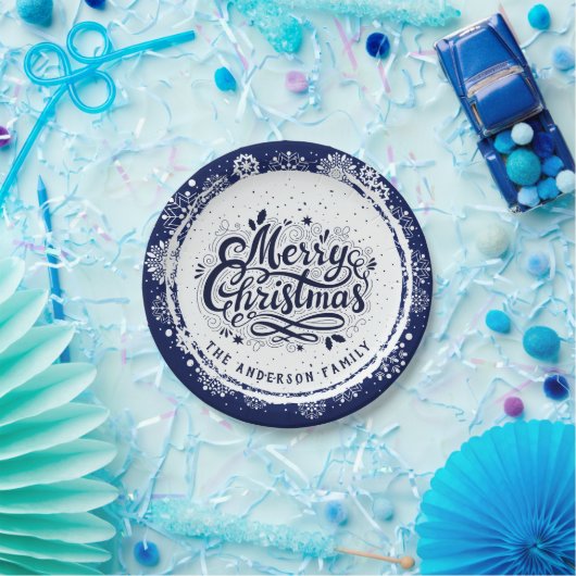 Marineblauw & Wit Minimaal Elegant Vrolijk Kerstfe Papieren Bordje (Feest)